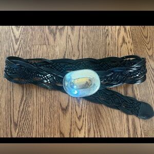 Chicos Western Black Leather Braided Dress Belt with gold Silver Buckle - M/L